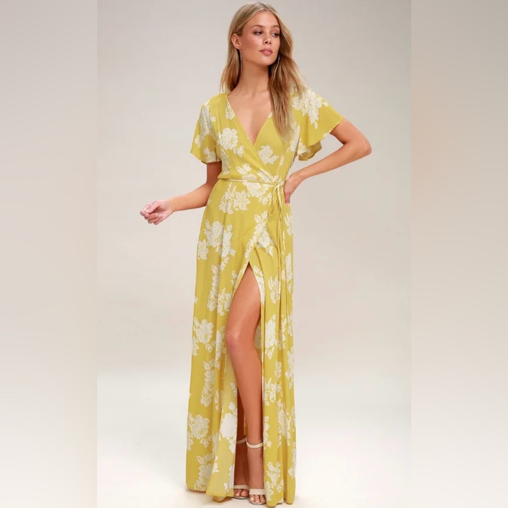 LULU’S Heart of Marigold Yellow Floral wrap maxi dress. mustard. size XL.